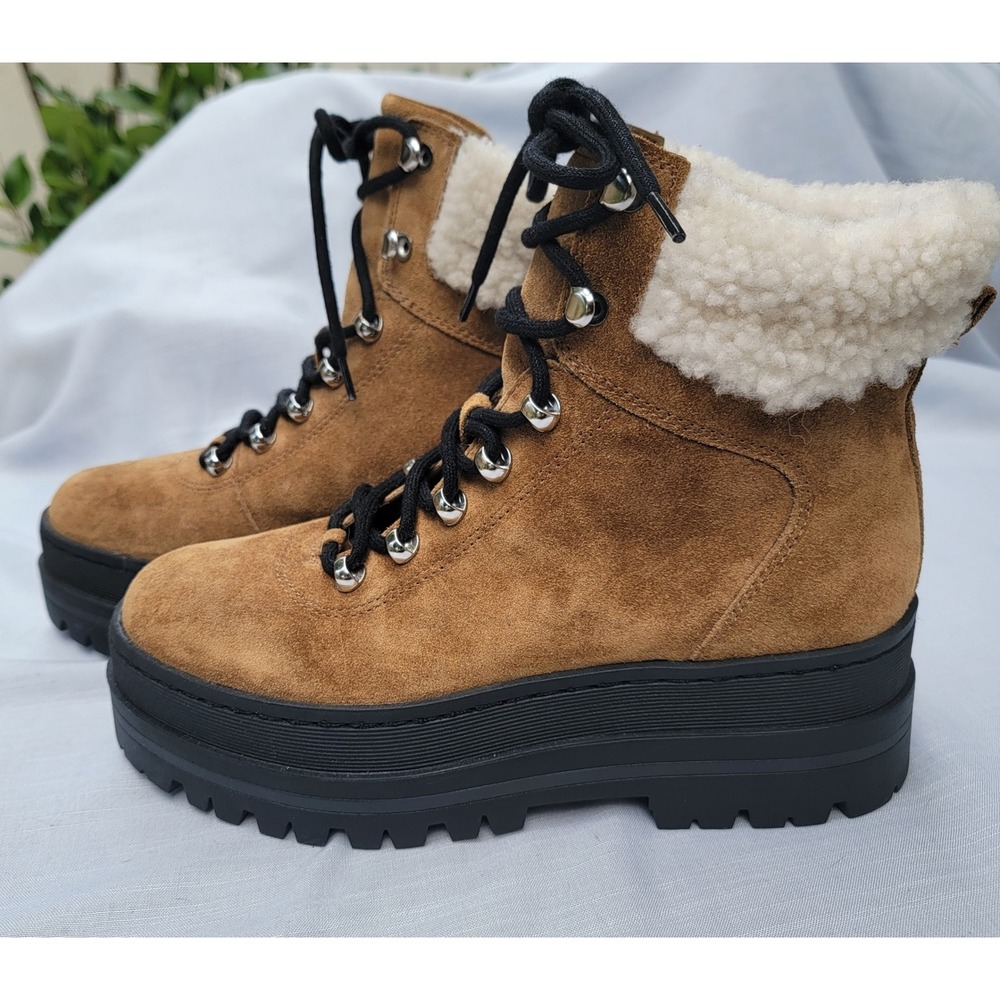 Marc Fisher LTD Pierson Tan Suede Shearling Hiker Boots Platform Lug Sole